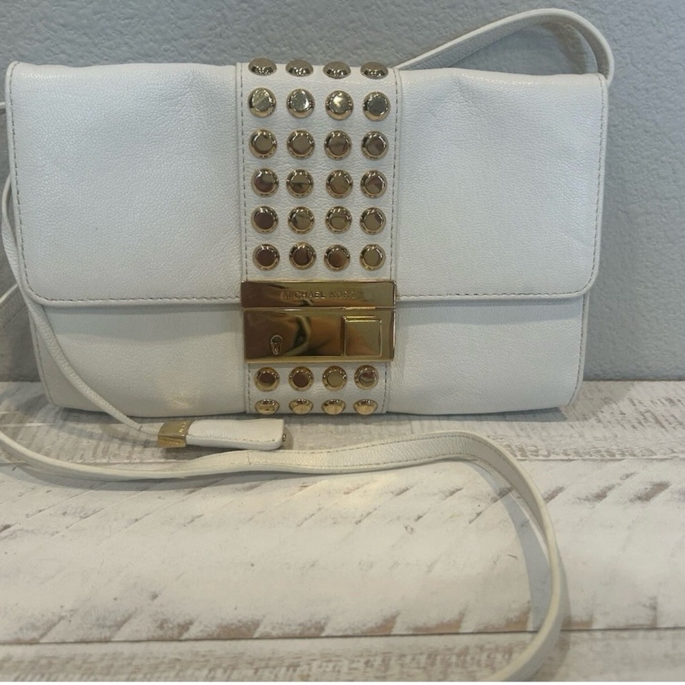 Michael Kors White and Gold Crossbody Bag with Punk Glam Studded Design
